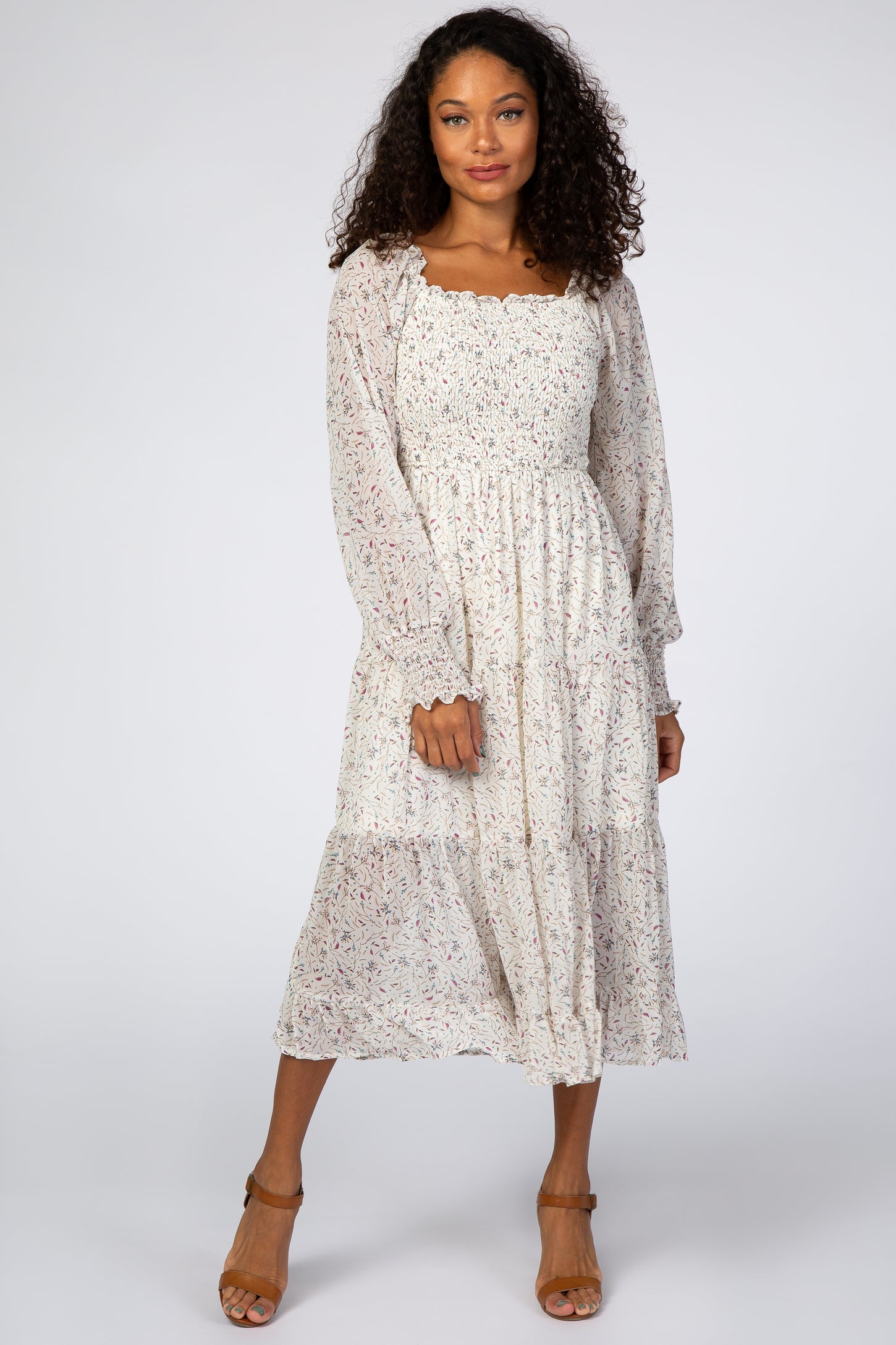 Ivory Floral Smocked Front Ruffle Hem Maternity Midi Dress