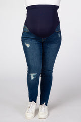 Navy Blue Distressed Skinny Maternity Plus Jeans