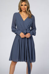 Dusty Blue Chiffon Wrap Dress