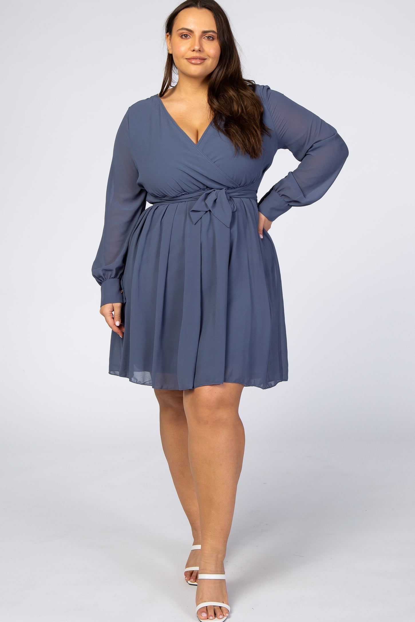 Dusty Blue Chiffon Plus Maternity Wrap Dress