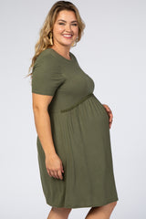 Olive Solid Crochet Trim Maternity Plus Shift Dress