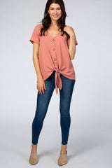 Salmon Button Tie Front Top