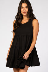 Black Soft Knit Pleated Tiered Sleeveless Dress
