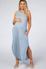 Light Blue Rounded Hem Maternity Maxi Dress