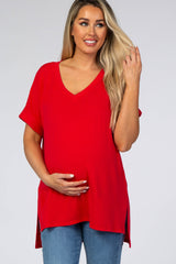 Red V-Neck Cuffed Short Sleeve Maternity Top