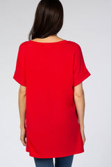 Red V-Neck Cuffed Short Sleeve Top