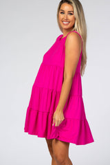 Fuchsia Soft Knit Pleated Tiered Sleeveless Maternity Dress