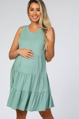 Mint Soft Knit Pleated Tiered Sleeveless Maternity Dress