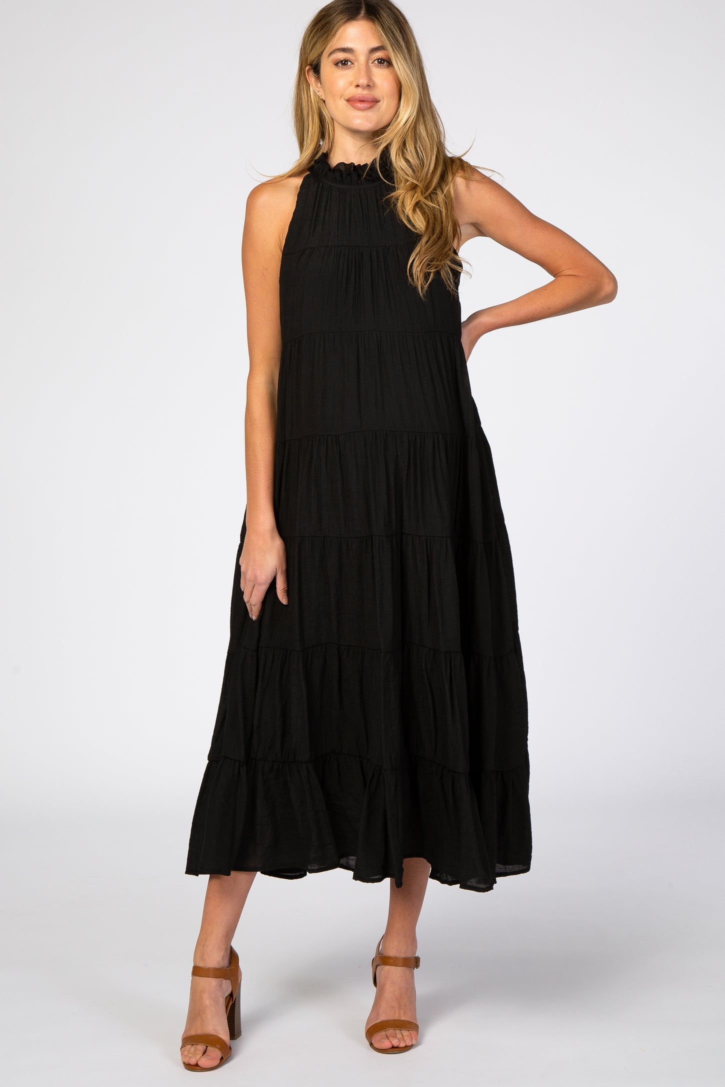 Black Tiered High Neck Maternity Maxi Dress