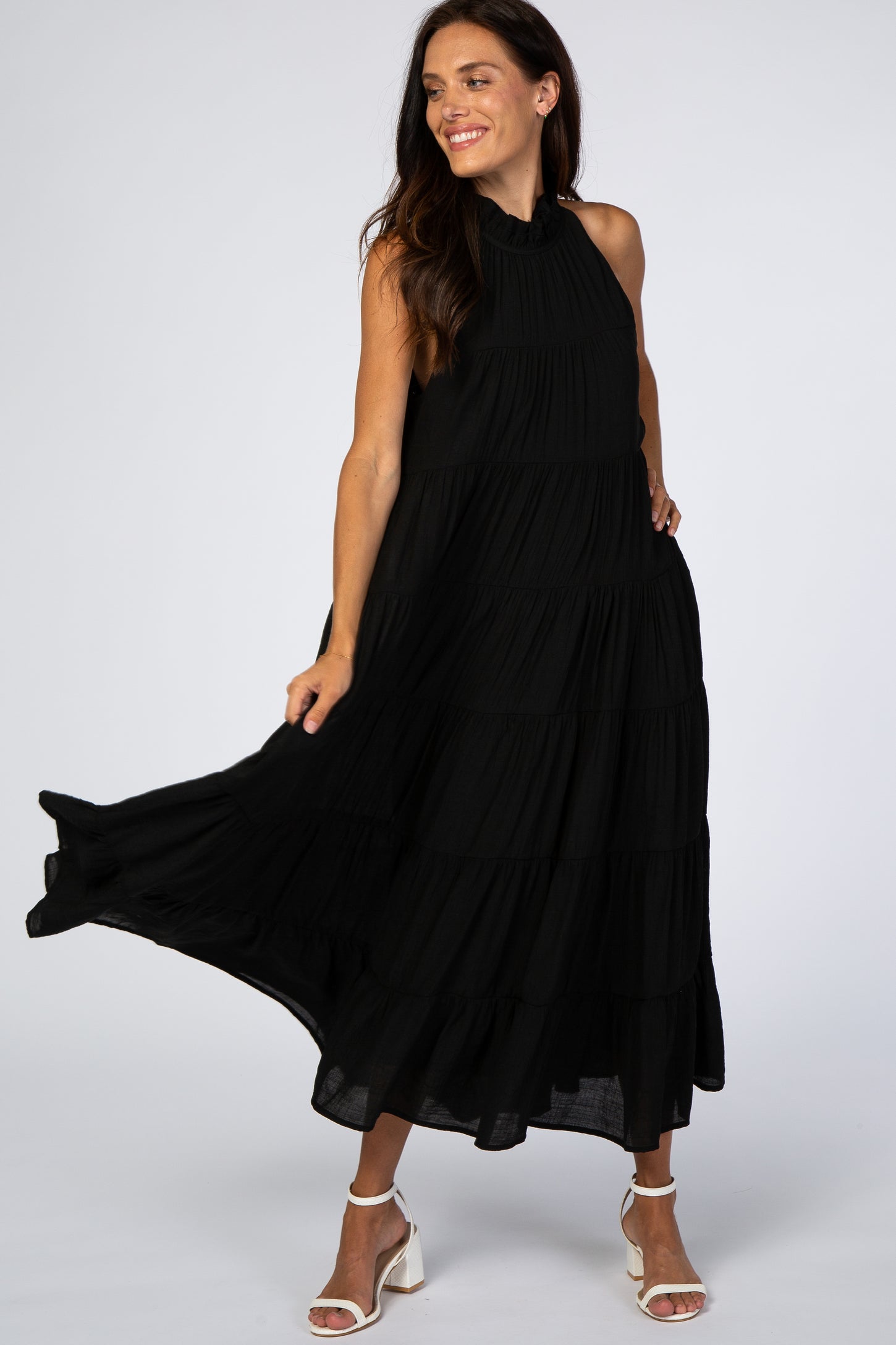 Black Tiered High Neck Maternity Maxi Dress