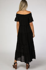 Black Off Shoulder Tiered Maternity Maxi Dress