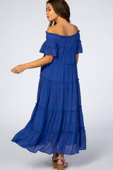 Royal Blue Off Shoulder Tiered Maternity Maxi Dress