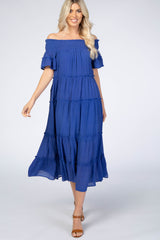 Royal Blue Off Shoulder Tiered Maternity Maxi Dress
