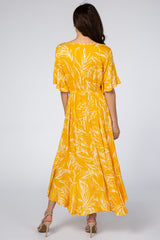 Yellow Leaf Print Hi-Low Wrap Midi Dress