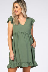 Olive Ruffle Hem V-Neck Maternity Dress