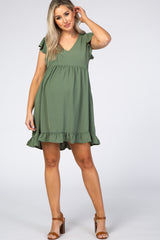 Olive Ruffle Hem V-Neck Maternity Dress