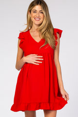 Red Ruffle Hem V-Neck Maternity Dress