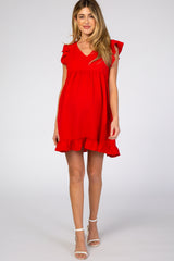 Red Ruffle Hem V-Neck Maternity Dress