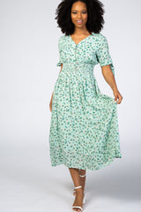 Mint Green Floral Tie Sleeve Maternity Midi Dress