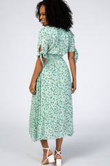Mint Green Floral Tie Sleeve Midi Dress