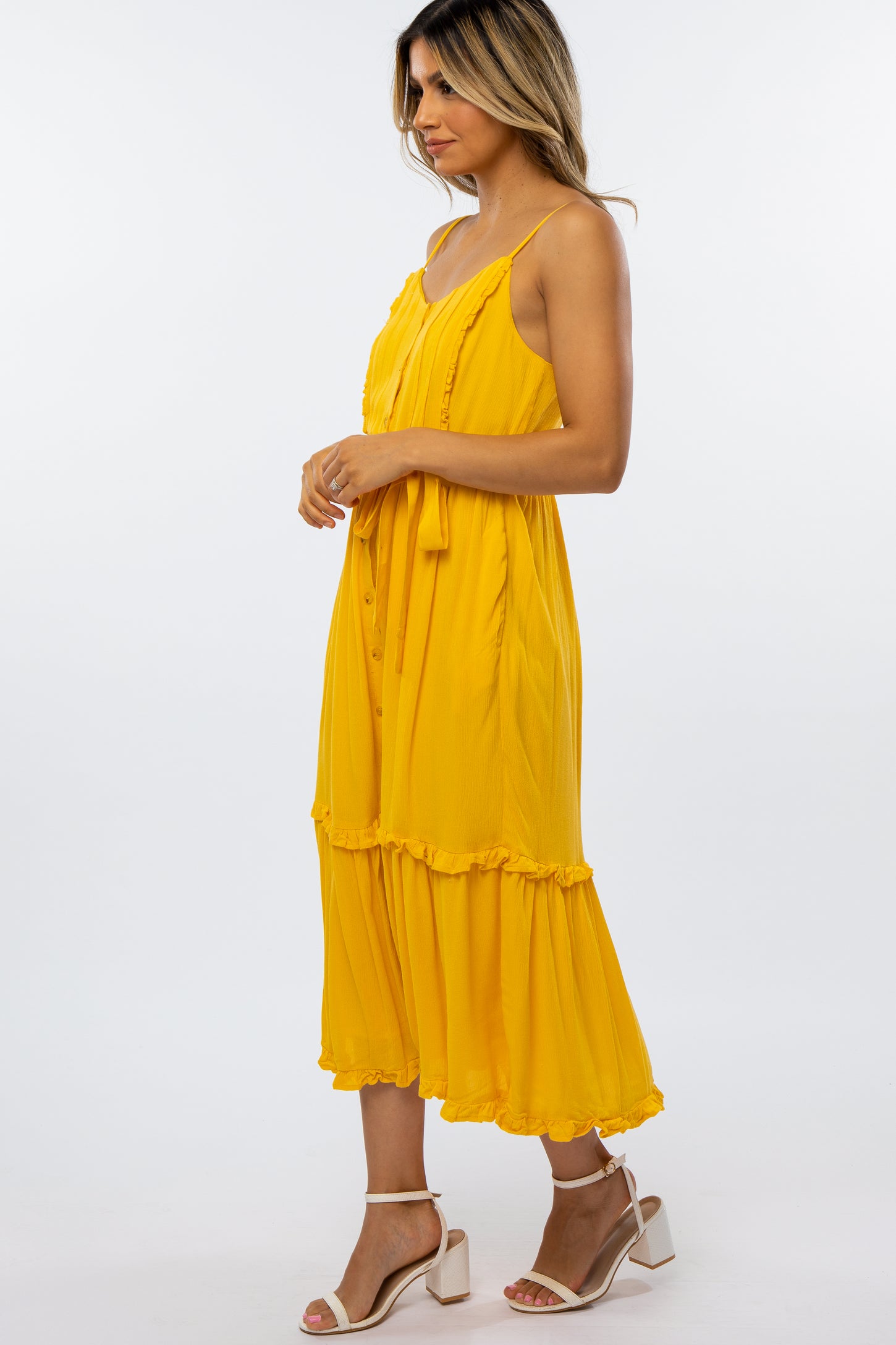 Yellow Front Button Ruffle Tiered Hem Midi Dress