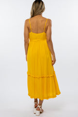Yellow Front Button Ruffle Tiered Hem Midi Dress