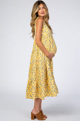 Yellow Floral Sleeveless Pleated Tier Maternity Midi Dress