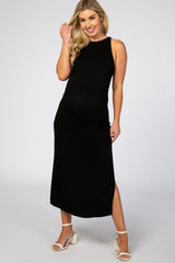 Black Fitted Side Slit Maternity Midi Dress