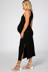 Black Fitted Side Slit Maternity Midi Dress
