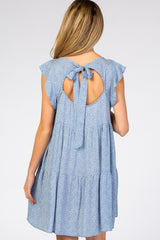 Blue Dotted Ruffle Sleeve Back Cutout Maternity Dress