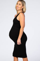 Black Knit Ribbed V-Neck Fitted Maternity Dress