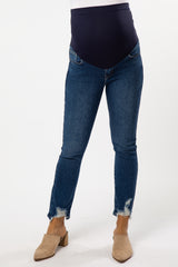Navy Blue Distressed Hem Maternity Skinny Jeans