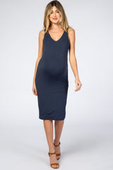 Navy Blue Fitted V-neckline Maternity Midi Dress