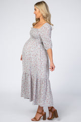Mint Floral Smocked Maternity Midi Dress
