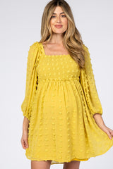 Yellow Textured Dot Smocked Square Neck Chiffon Maternity Dress