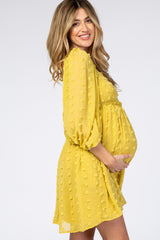 Yellow Textured Dot Smocked Square Neck Chiffon Maternity Dress