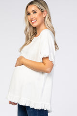 White Short Sleeve Fringe Ruffle Trim Maternity Blouse