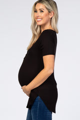 Black Ribbed Short Sleeve Button Detail Maternity Top