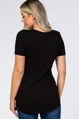 Black Ribbed Short Sleeve Button Detail Maternity Top