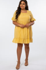 Yellow Square Smocked Neck Ruffle Hem Maternity Plus Dress