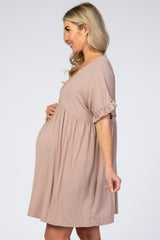 Taupe Ruffle Sleeve Baby Doll Maternity Dress