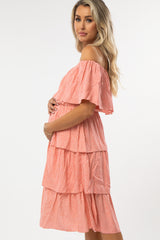 Pink Polka Dot Off Shoulder Ruffle Layered Maternity Midi Dress