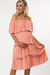 Pink Polka Dot Off Shoulder Ruffle Layered Maternity Midi Dress