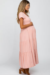 Pink Short Sleeved Tiered Maternity Maxi Dress