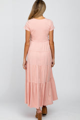 Pink Short Sleeved Tiered Maternity Maxi Dress