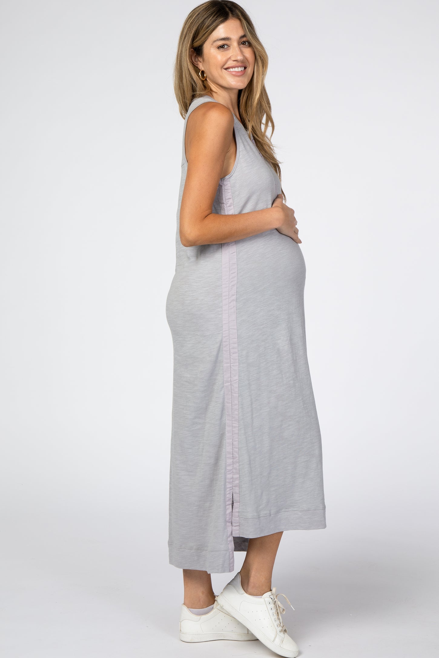 Grey Front Button Hi-Low Maternity Midi Dress