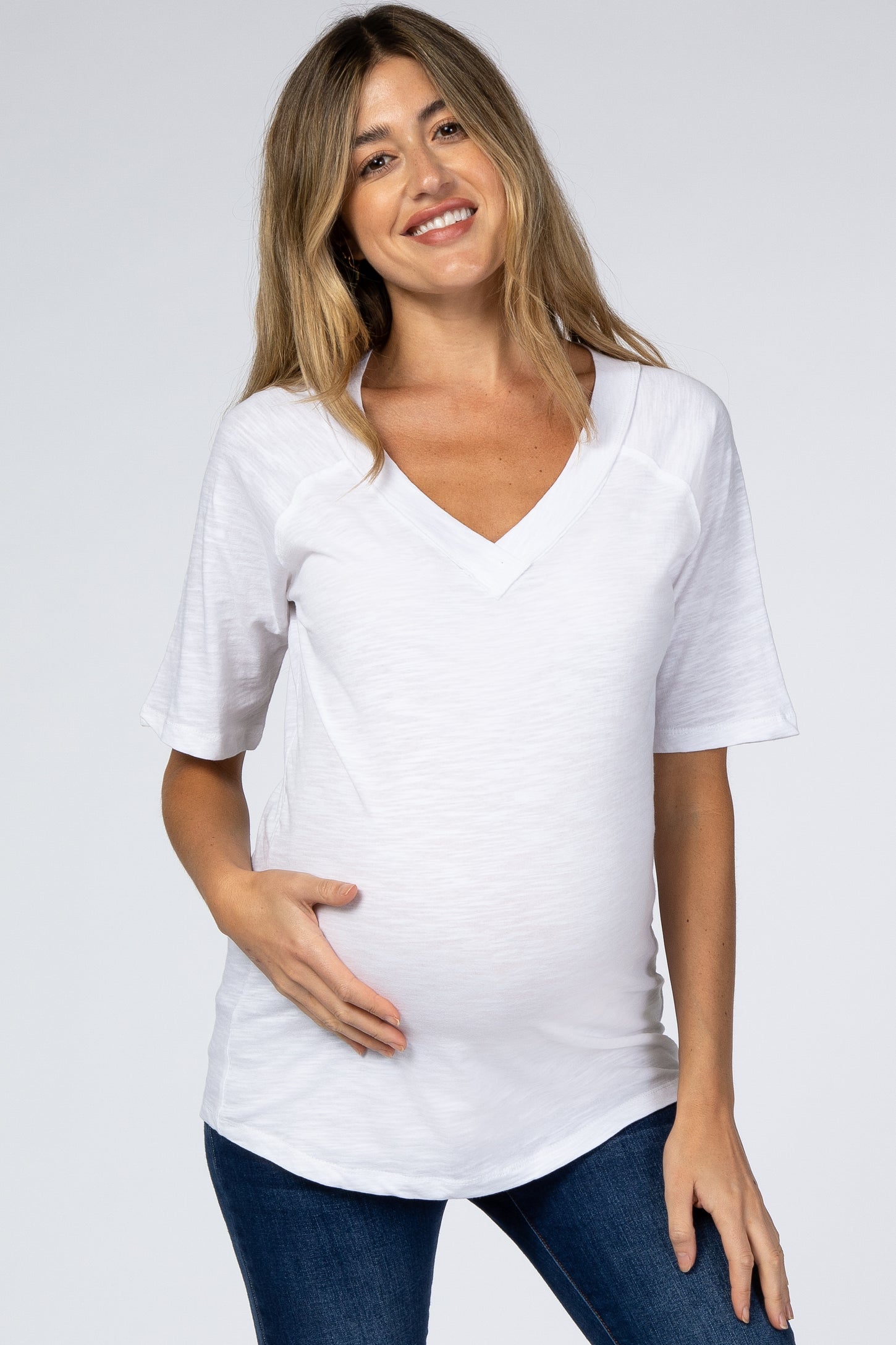 White V-Neck Raw Hem Short Sleeve Maternity Top