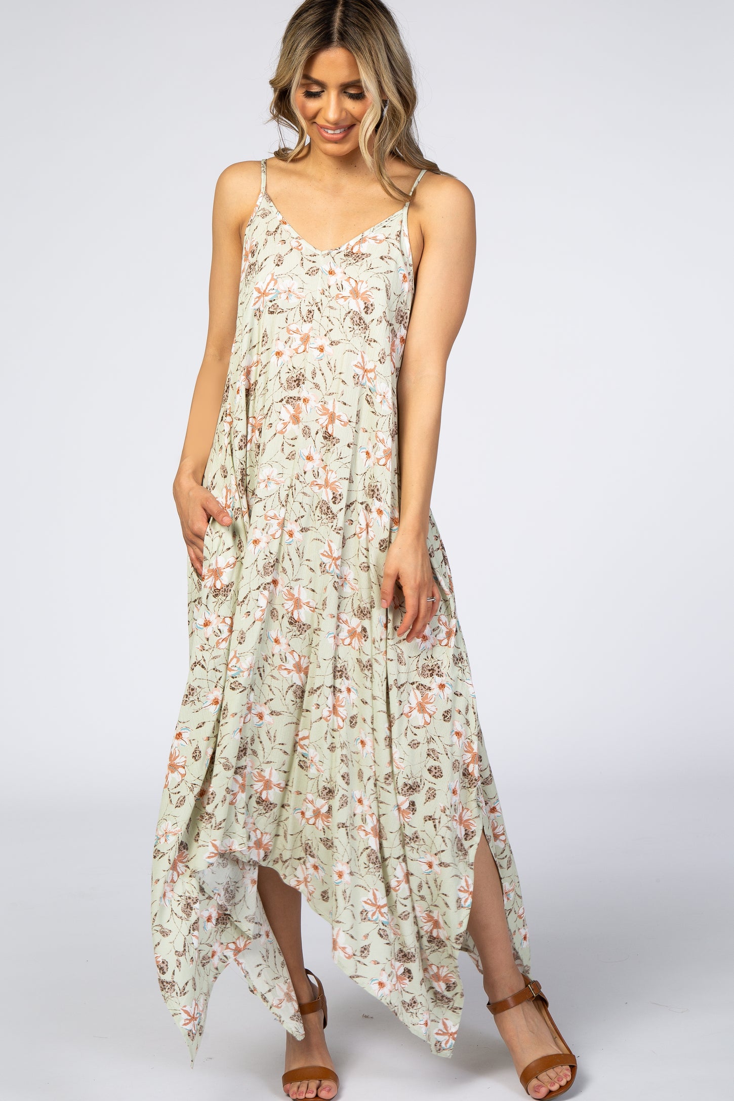 Light Mint Floral Asymmetrical Hem Maternity Dress