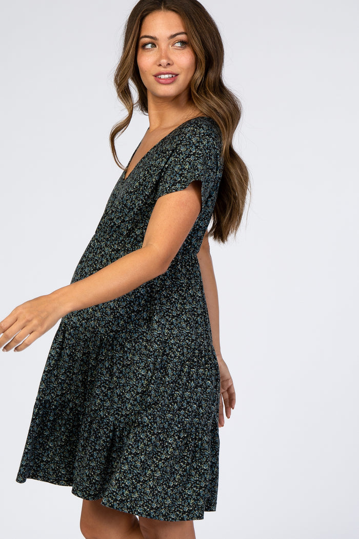 Black Floral Tiered Maternity Dress