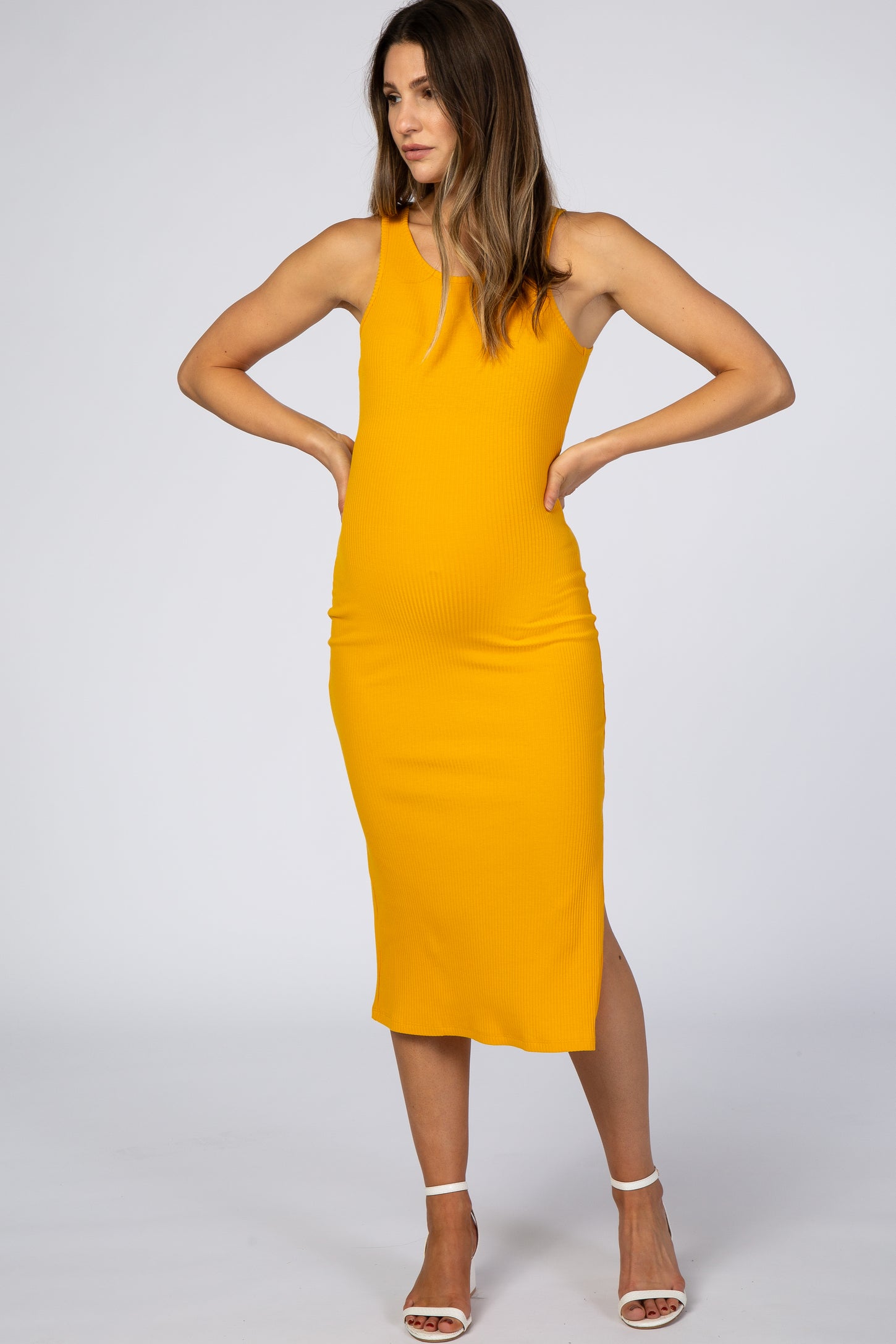 Yellow Ribbed Maternity Midi Dress